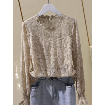 2025春季新款韓版長袖鏤空蕾絲衫百搭立領套頭寬松打底衫女上衣