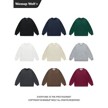 Wassup Wolf基礎款圓領衛衣男女簡約上衣情侶純色寬松純棉打底衫