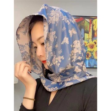 春夏花蘿多功能絲巾帽洋氣包頭巾女百搭氣質連帽披肩防曬薄款圍巾