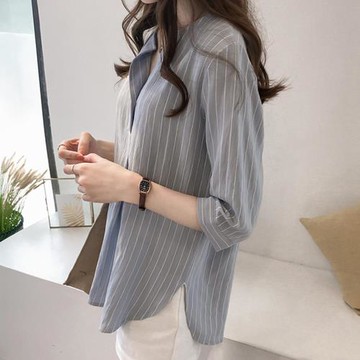 【LANNI 藍尼】★韓版時尚圓領條紋七分袖襯衫(上衣/女裝/襯衫/休閒/百搭)