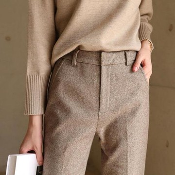 Maje Eliey毛呢褲女加厚2024年秋冬新款高腰休閑九分直筒煙管褲子