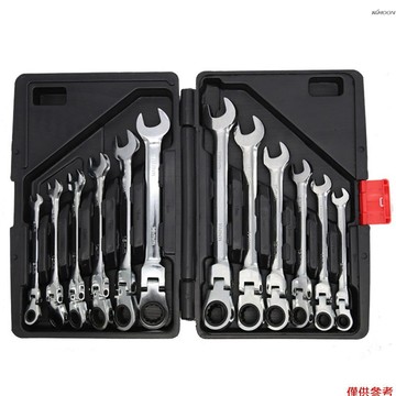 12Pcs 兩用棘輪扳手活動頭套裝  8-19mm 汽修工具72齒 搖頭款 塑盒裝