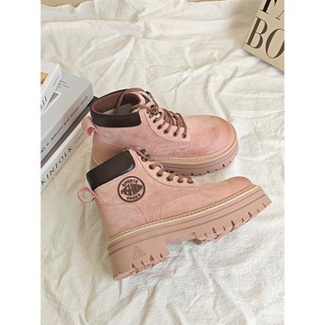 粉色厚底馬丁靴女真皮大黃靴2024秋冬新款英倫風登山短筒工裝靴
