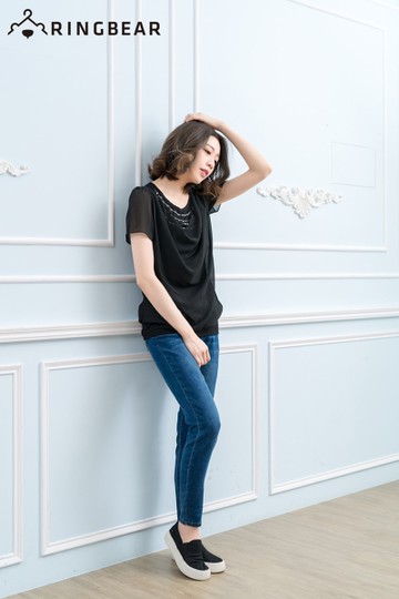 雪紡--輕曳甜美垂墜領貼鑽假兩件雪紡上衣/洋裝(黑.紫XL-5L)-D365眼圈熊中大尺碼