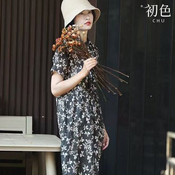 初色 輕奢風碎花印花單排釦POLO領短袖A字裙中長裙連衣裙連身洋裝-花色-10111(M-2XL可選)