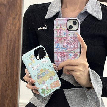 卡通汽車適用蘋果16promax手機殼iphone15菲林14硬12/13二閤一女