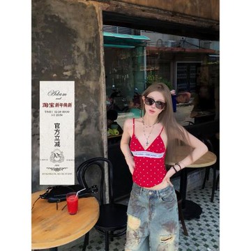 莫欣欣 紅色波點吊帶背心女夏外穿甜辣純欲短款打底內搭辣妹上衣