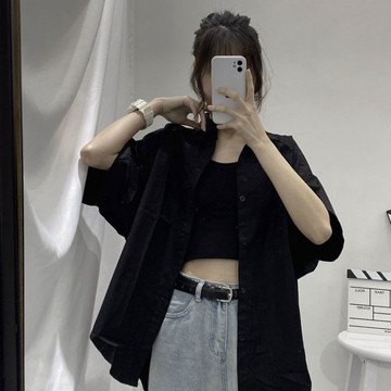 【T-2】🖤 黑色襯衫短袖 港風 休閒 寬鬆版 設計感 小眾外穿 襯衣上衣