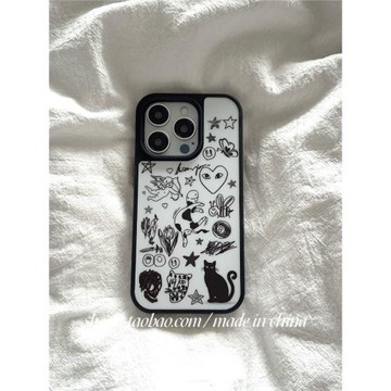 SHERRY*ins甜酷少女心黑白涂鴉貓咪藝術適用于蘋果17ProMax手機殼iPhone16Pro小眾15卡通14小清新13簡約可愛