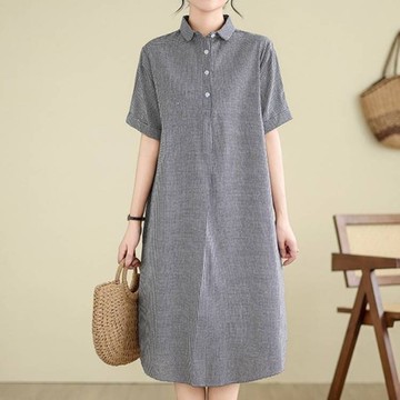 日系亞麻格子洋裝