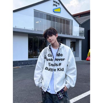 美式復古假兩件格子拼接連帽大學T男秋季潮流情侶上衣男