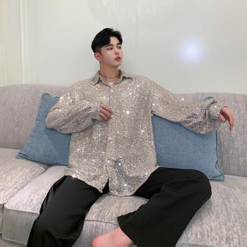 抖音網紅歌手亮片biling閃亮珠片反光襯衫男女夜店夜場DJ舞臺服裝