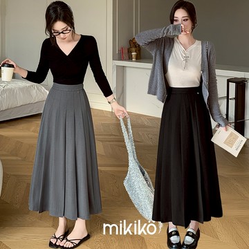 美木子｜西裝半身裙｜很修飾小肚子的肉肉 側拉鍊 後鬆緊腰【B40107】百褶半身裙 高腰遮胯顯瘦 大擺褶皺 中長款