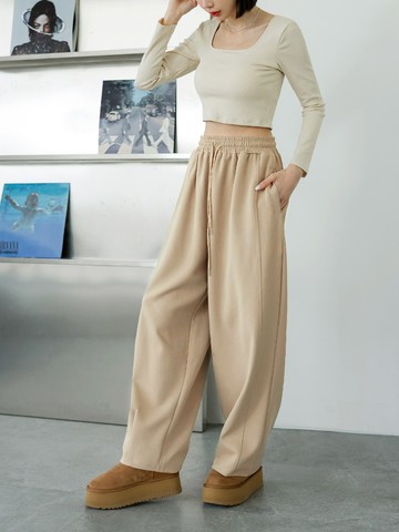 素色褶線腰鬆緊直筒休閒褲