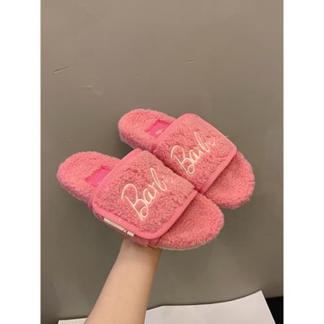 超火毛毛拖鞋女外穿2025春秋新款厚底羊羔毛一字拖粉色加絨棉拖鞋