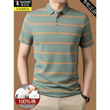 啄木鳥夏季新款短袖t恤男純棉polo衫翻領條紋體恤中年爸爸上衣服T
