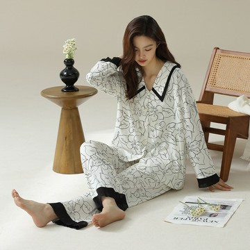 【巴黎精品】現貨+預購 女居家睡衣套裝長袖休閒服秋冬睡袍睡褲-翻領花卉印花純棉女休閒服2色w1ad43
