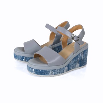 viina 超輕量真皮亮片厚底楔型涼鞋-藍