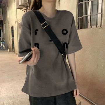 ??夏季100%純棉深灰色短袖t恤女韓版創意印花寬松小個子圓領上衣潮