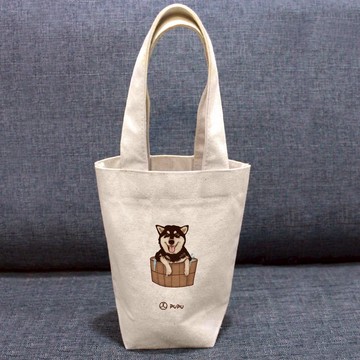 黑柴-洗澡---台灣製棉麻布-文創柴犬-環保-飲料提袋-蒼蠅星球