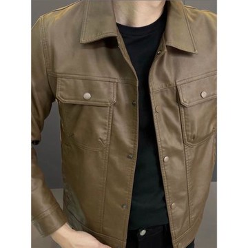 歐貨男士皮機車運動夾克外套新款2025秋冬修身翻領純色長袖上衣潮