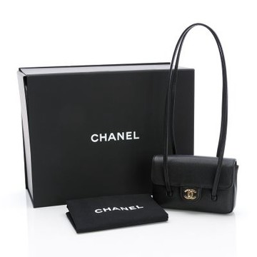 CHANEL香奈兒 Preppy coco MINI皮革背帶單肩包 翻蓋肩背(黑/金雙C)