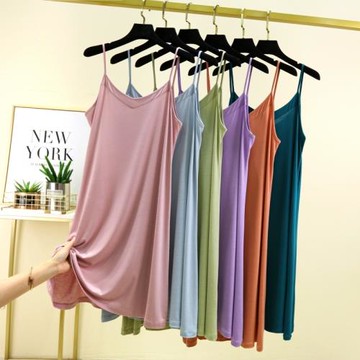 莫代爾睡裙女夏季薄款v領a字裙內搭吊帶裙襯裙連衣裙中長款打底