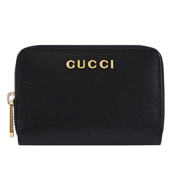 GUCCI 813219 Mini Script 浮雕LOGO多隔層ㄇ字拉鍊零錢包卡包.黑