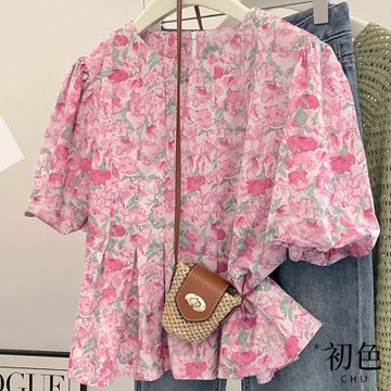 初色 法式碎花印花圓領泡泡袖顯瘦娃娃衫襯衫上衣女上衣-粉色-13415(M-2XL可選)