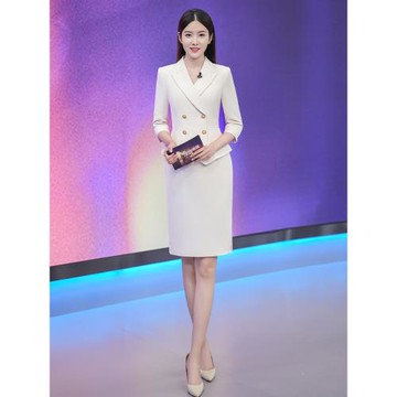 白色播音主持藝考演講比賽西裝職業套裙秋教師演講比賽正裝連衣裙