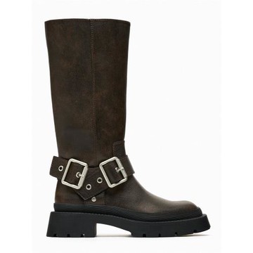 ZA粗跟棕色長靴女美拉德風2025秋冬復古增高高筒騎士厚底長筒靴子