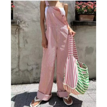 CHILL 現貨 2025早春韓系百搭條紋吊帶褲 女生 背帶褲 小個子連衣褲子 寬鬆減齡 吊帶褲 休閒 吊帶長褲  預購