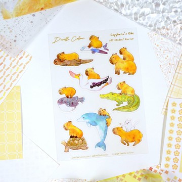 【水豚寶寶騎動物】水彩插畫 白墨PET貼紙 手帳 可愛 卡皮巴拉