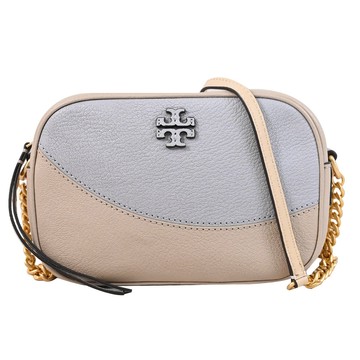TORY BURCH 152223 經典LOGO撞色皮革斜背相機包.淺褐/灰