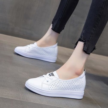 真皮內增高小白鞋女2025夏款透氣百搭鏤空淺口一腳蹬女鞋厚底休閑