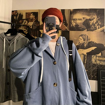 超火cec霧霾藍衛衣女春秋炸街連帽薄款ins外套學生寬松開衫上衣服