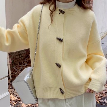 秋冬韓系圓領牛角扣毛衣外套小外套
