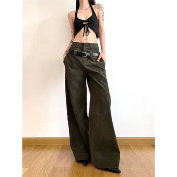 gagaopt美式復古啞光高個子拖地皮褲女秋冬季高腰寬松顯瘦闊腿褲