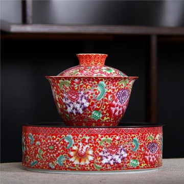 萬花琺瑯彩壺承蓋碗干泡臺宮廷風中式主人杯三才杯陶瓷敬茶盤茶杯