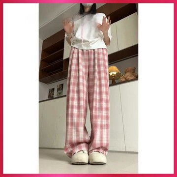 『ATC』早秋長褲粉色格子褲女2026新款高腰顯瘦寬鬆休閒慵懶風直筒遛彎褲子