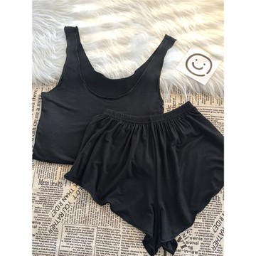 小背心睡衣女款夏季莫代爾2024新款純欲風吊帶黑色短褲無袖兩件套