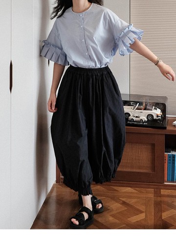 高腰花苞休閒 復古倫燈籠九分褲