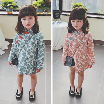 中小童春秋季新款女寶寶復古風花朵盤扣旗袍裙 兒童氣質童裙1入