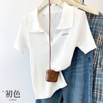 初色 簡約麻花純色透氣修身翻領短袖POLO針織衫上衣女上衣-共2色-14846(F可選)