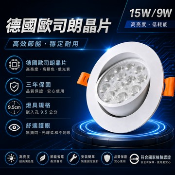 快速安裝附快速接頭🔥LED小崁燈 護眼保固三年🔥國際德國歐司朗晶片 9.5公分 9公分 9W15W高亮度嵌燈 可調角度