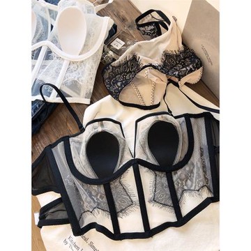 法式性感魚骨馬甲式文胸套裝兔耳朵睫毛蕾絲純欲軟鋼圈防下垂內衣