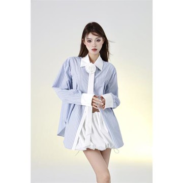 Sweet草莓條紋緞面拼接寬松翻領長袖襯衫+休閑百搭蓬蓬花苞半身裙