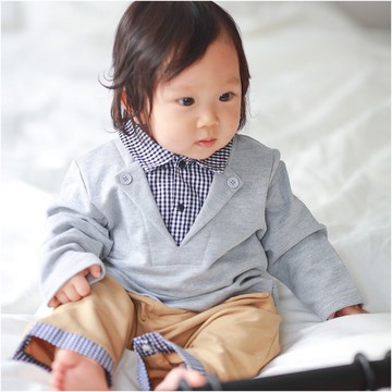 長袖連身衣 學院風 格紋 假三件 男寶寶 爬服 哈衣 小紳士 小花童 Augelute Baby 70109