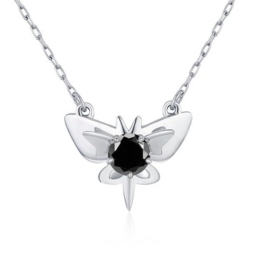 蝴蝶黑鑽石項鍊-立體疊戴墜飾-簡約14k白金吊墜-4月生日石-黑碧璽