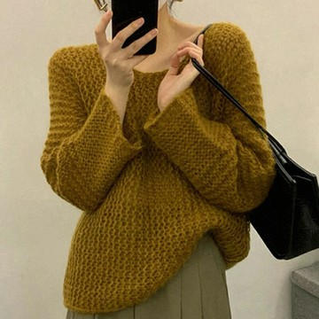 纖婕芙慵懶風寬松外穿韓版圓領套頭針織衫2022秋冬麻花休閑毛衣女